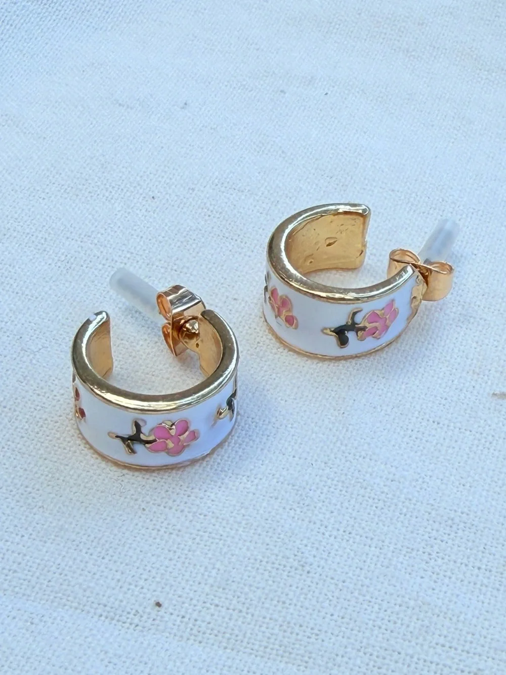 Gold White Enamel Hoop Earrings with Pink Flower Detail
